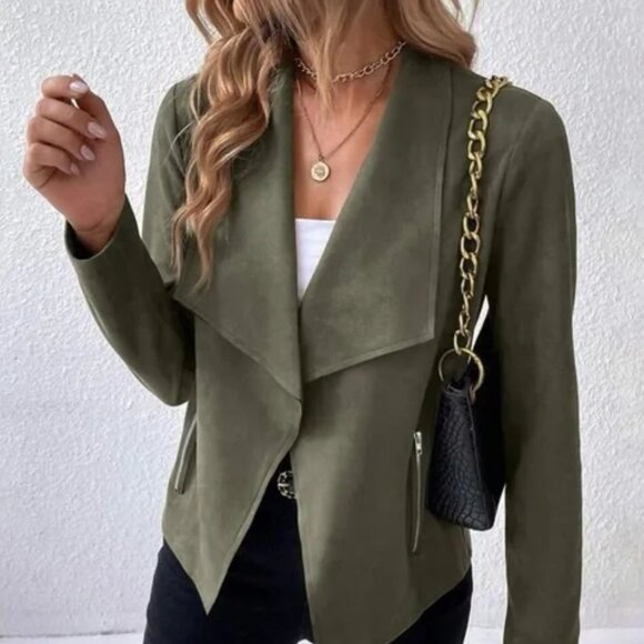 NEW - Army Green Open Front Faux Suede Jacket - SEE VIDEO! - Picture 1 of 8